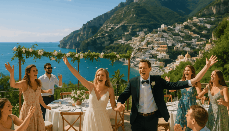 invitati e novelli sposi intenti a festeggiare in un'incantevole location vista mare in costiera amalfitana